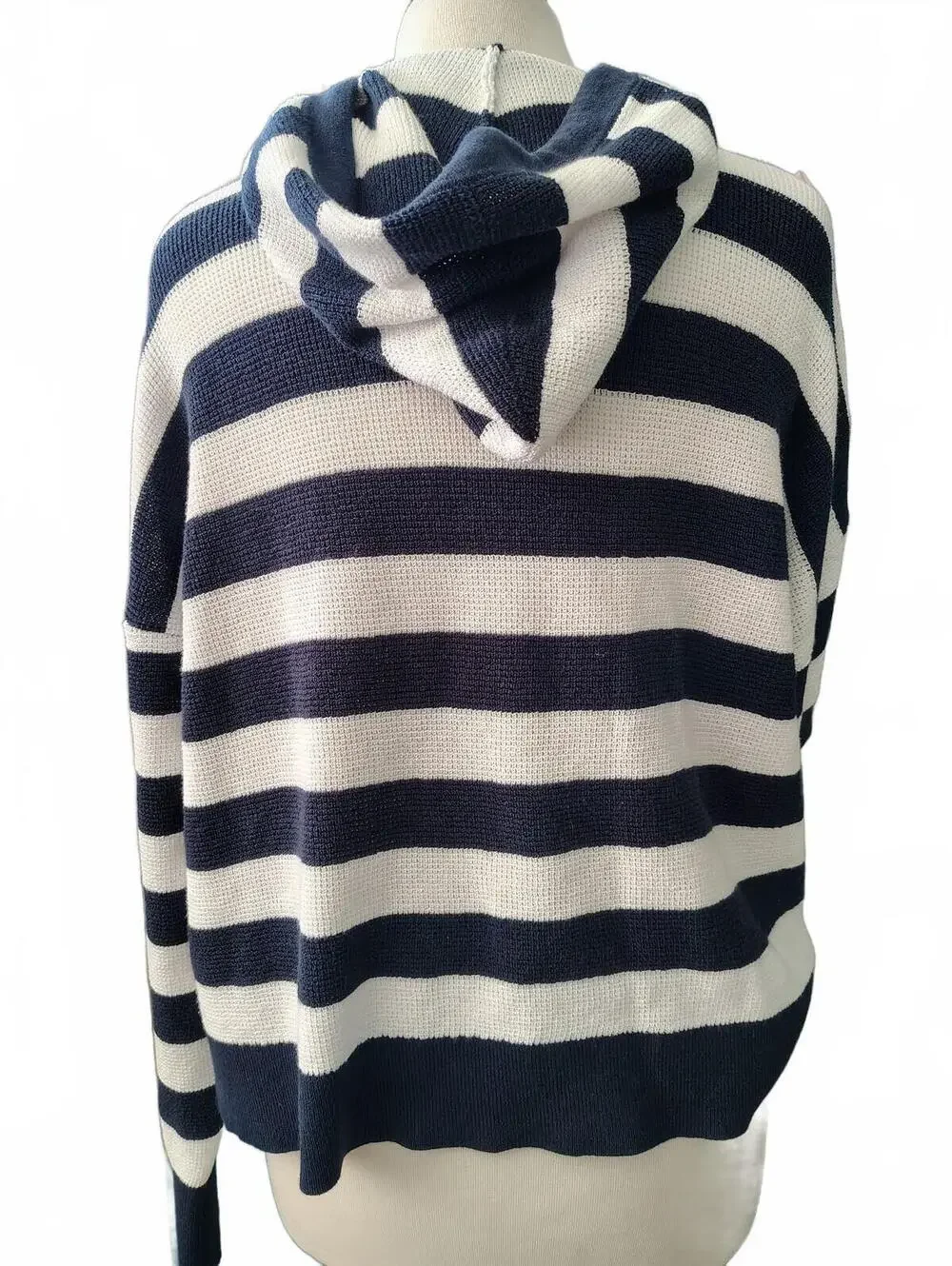 Michael Kors Women's Navy and White Striped Hooded Sweater L